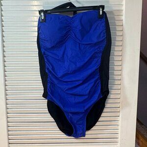 Spanx Love My Assets Colorblock Halter Swimsuit – Black & Blue – Size XL